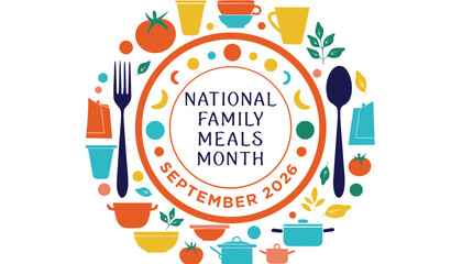 Naklejka premium National family meals month graphic design with colorful kitchen utensils icons