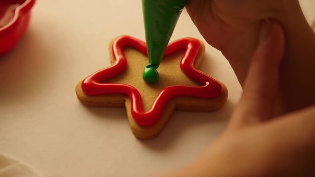 Handheld close up tracking of hand piping green icing into star shaped cookie with red border on parchment paper surface