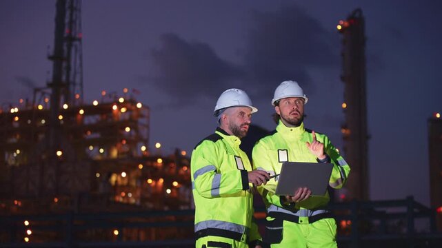 Industrial engineers inspecting an oil and gas refinery, reviewing plant operations and discussing maintenance, safety and energy infrastructure, refinery plant industry factory, Petrochemical plant.