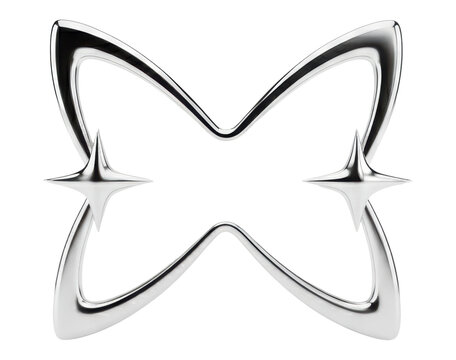 A minimalist butterfly-shaped frame, polished silver chrome with two four-pointed stars, isolated on a transparent studio background, evoking a Y2K retro-futurism aesthetic