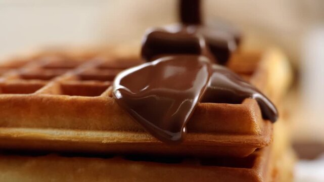 Slow motion close up of chocolate sauce pouring onto stacked waffles on countertop