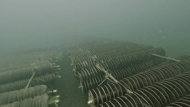 Forward underwater tracking shot over several rows of mesh bags containing maturing Pacific oysters - Magallana gigas - in Arcachon Bay near Cap Ferret, France.