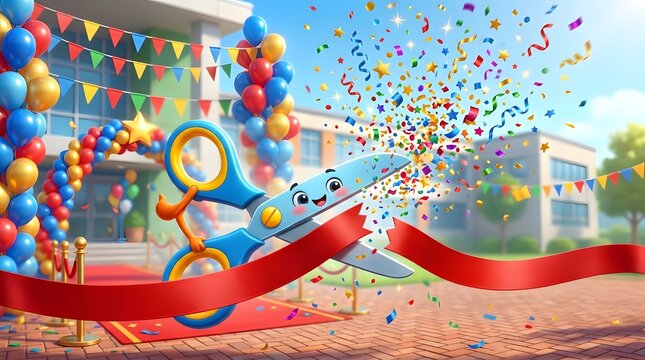 Cute cartoon character scissors cutting a red ribbon during grand opening ceremony celebration at a school, featuring colorful balloons, flying confetti, red carpet, and cheerful event decor.