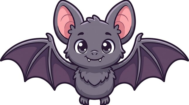 Cute cartoon bat character with spread wings. Friendly purple fruit bat illustration. Kawaii flying mammal mascot for Halloween.