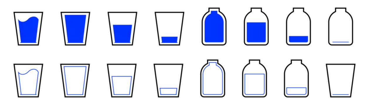 Water in a glass cup. Water in bottle. Amount of water.