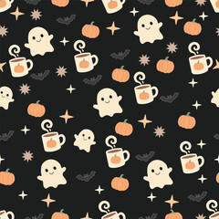 Fototapeta premium Halloween seamless pattern with spooky icons on black background for festive designs and decorations