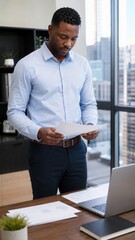 Fototapeta premium African American businessman in a light blue shirt reviewing documents while standing at a desk with a laptop and city skyline visible through the window
