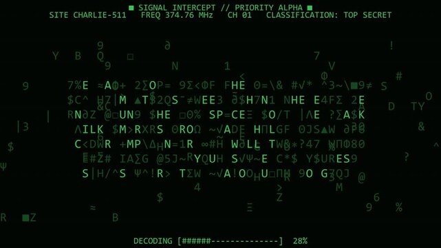 Retro green terminal screen animation decoding an encrypted alien signal intercept and extraterrestrial message