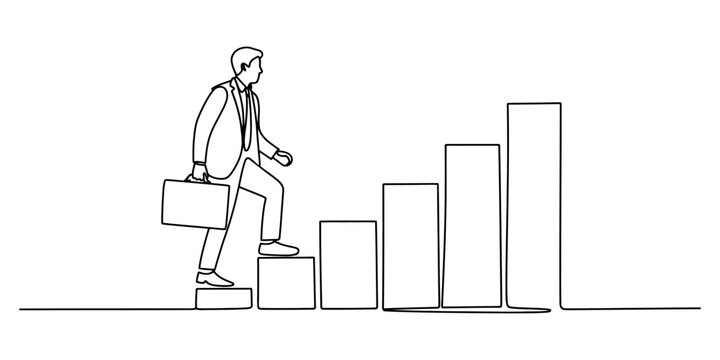 Businessman climbing up a bar graph drawing in a single continuous line style art