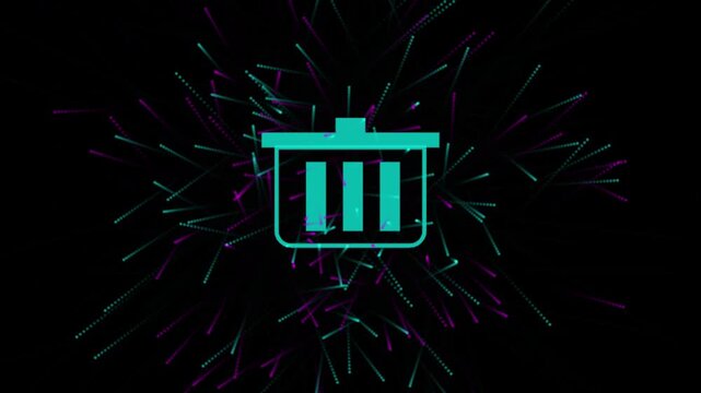 Animated Neon Cyan Trash Can Icon Motion Graphics, Glowing Particles Explosion Delete Bin Concept on Black Background