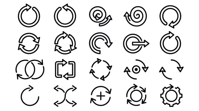Minimalist circular arrow icons, 20 black line recycle symbols, modern reload and refresh vector set for UI design