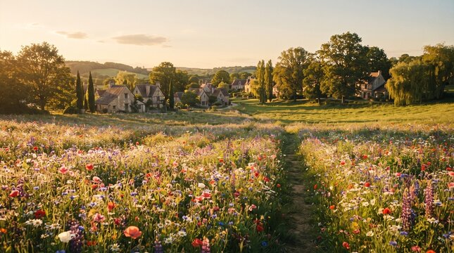 Wildflower meadow path leading to picturesque English countryside village at sunset 3D illustration