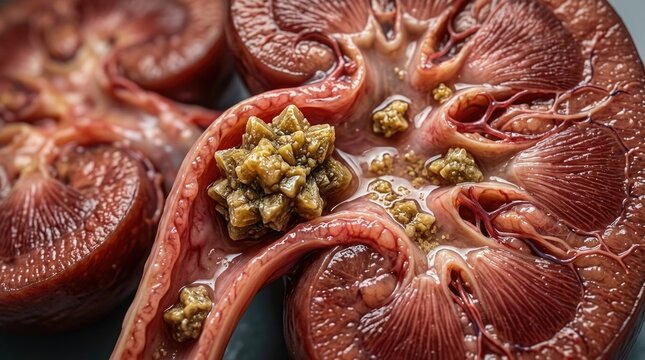 Renal calculus development: kidney stone, form process, body problem, severe pain, physical discomfort, disease cause, urinary tract, health crisis.