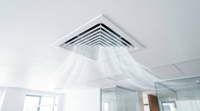 White ceiling ventilation vent in a modern home room.