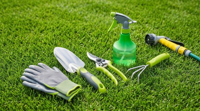 Various gardening tools laying on green grass.