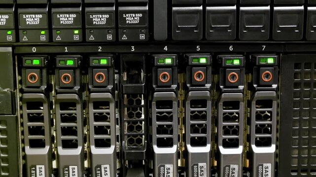 Close-Up Static B-Roll of Enterprise Server SSD and SAS Drive Bays
