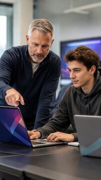 Male instructor assists young male student with laptop in modern classroom setting, featuring large screens and collaborative workspace design