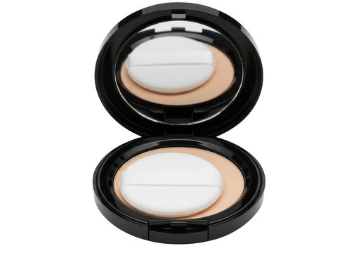 Open black compact powder case with a beige makeup foundation cake and a soft white round applicator puff, isolated on a solid black background