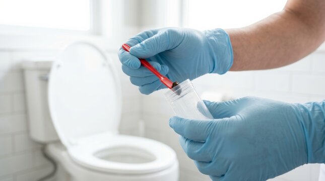 Person collecting a stool sample with testing tools in a bathroom for medical analysis.