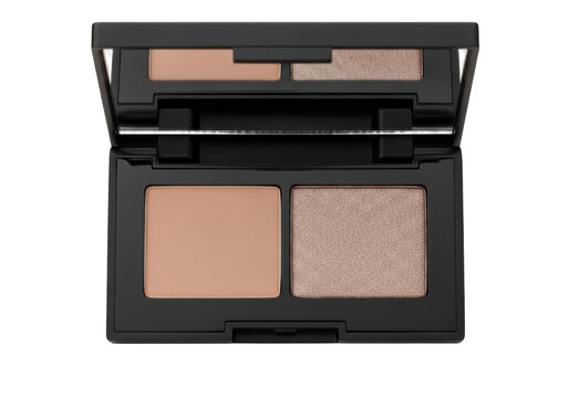 Open black makeup compact case featuring a matte beige powder and a shimmering champagne eyeshadow pan with an integrated mirror, isolated on a solid black background