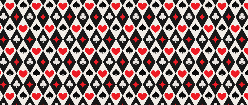 Seamless playing cards pattern. Repeated diamonds, spades, clubs, hearts symbols background. Poker or casino table theme wallpaper. Repeating lozenge gambling concept texture.