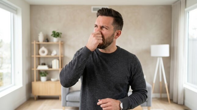Man reacting to a bad smell or odor coming from the air conditioner.