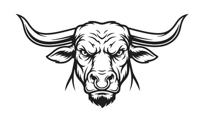 Obraz premium Black and white vector illustration of a bull head. strong bull, angry animal, aggressive beast, farm livestock, wild art