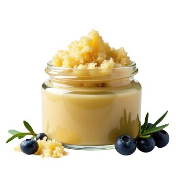A glass jar filled with a sweet mixture of sugar and blueberries, perfect for baking or decorating