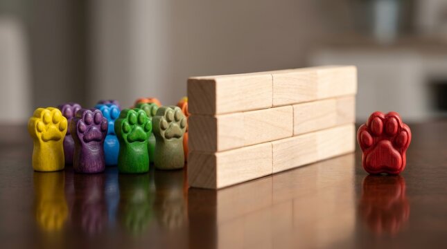 Colorful figurine paw figures separated by a wooden blocks wall.