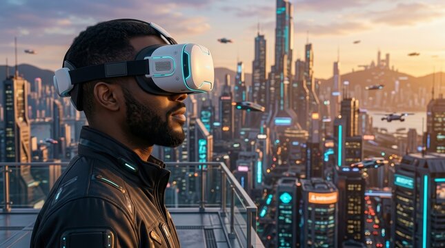 An African American male wearing a virtual reality headset in a futuristic cityscape.