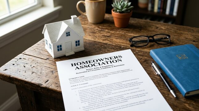 Small house model near Homeowners Association rules and regulations document.