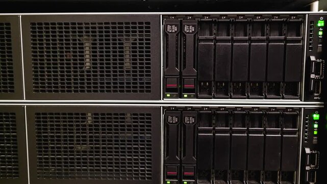 4K Rack Mount Server Hardware Close-Up Static B-Roll Data Center