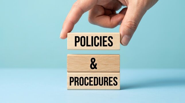 A person's hand placing a wooden block with the word Policies to complete a business strategy.