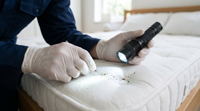 Professional pest control worker inspecting a mattress for bed bug infestation.