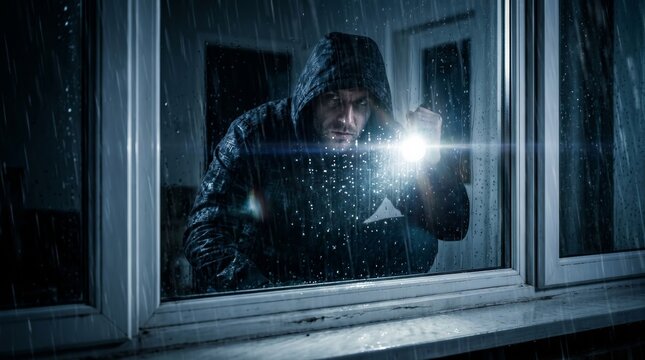 A burglar looking into a house window at night with a flashlight.