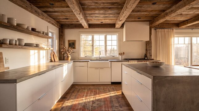 Modern rustic kitchen interior with concrete countertops and exposed wooden ceiling beams