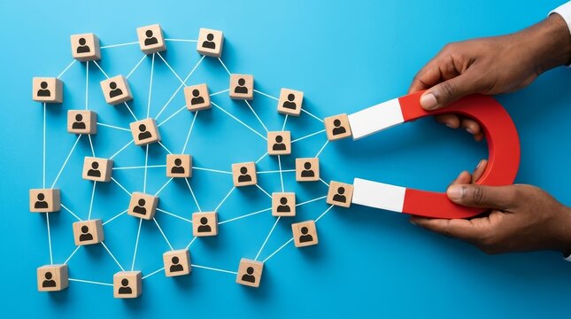 A red magnet pulling business leads and customer generation network.