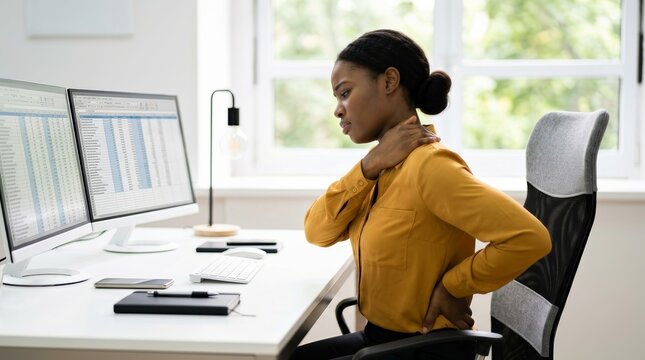 Woman experiencing back pain and neck discomfort while sitting at her desk.