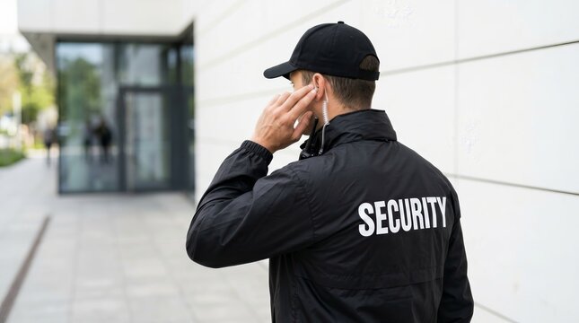 Professional security guard wearing a black jacket and cap while listening to an earpiece.