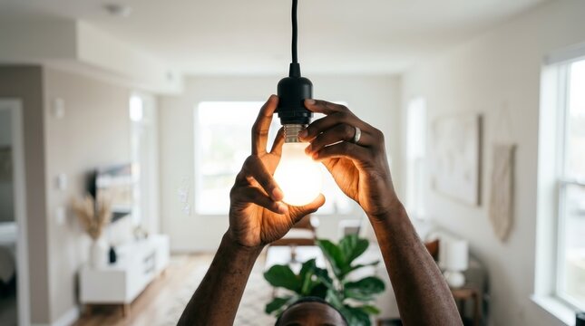 Person changing an electric LED lightbulb in a lamp fixture.
