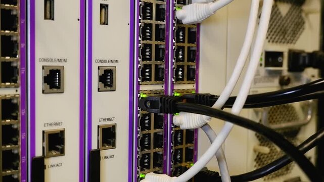 Technician Plugging Ethernet Cable into Network Switch 4K