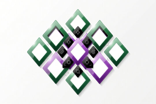 Abstract geometric infographic template with purple and green squares on a white background for business concepts