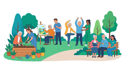 Fototapeta premium Diverse Seniors Participating in Outdoor Assisted Living Activities Illustration