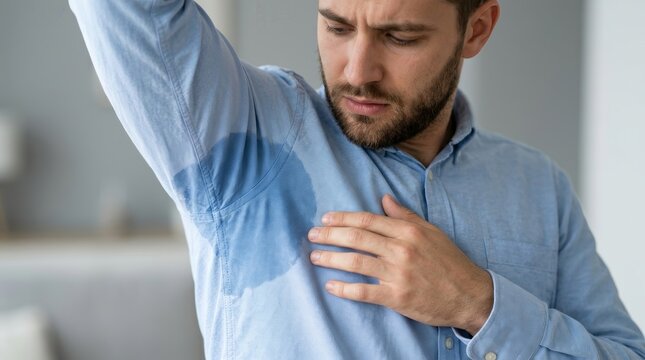 A man with hyperhidrosis suffering from sweating very badly in his shirt.