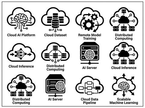 Cloud ai and machine learning icons set illustration