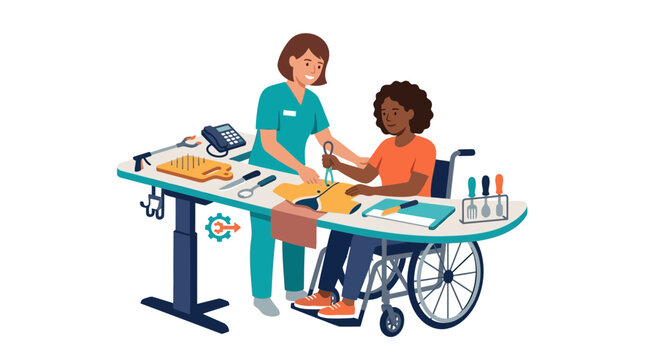 Occupational Therapist Assisting Person in Wheelchair with Daily Living Skills