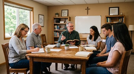Fototapeta premium Diverse group of people studying the bible together in a classroom setting with a teacher leading the discussion