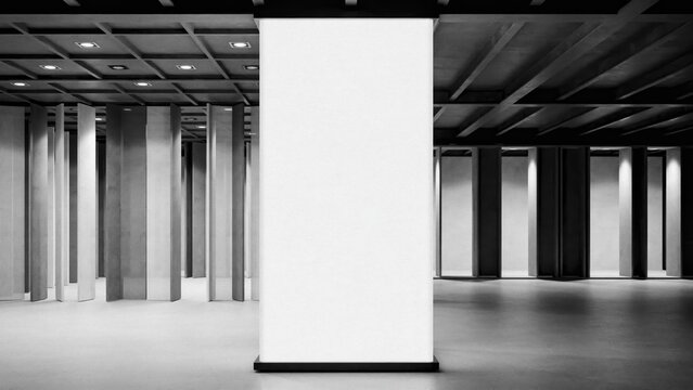 Blank white vertical billboard display in a modern minimalist architectural interior hall.
