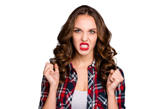 Close-up portrait of attractive fury mad wavy-haired lady wanting vendetta isolated over gray pastel purple background