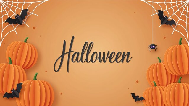 Halloween background with paper pumpkins, bats, and spider webs on orange backdrop